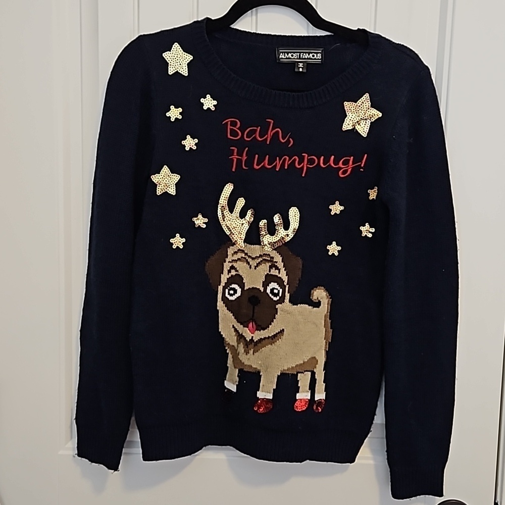Navy Blue Bah Humpug Christmas Sweater Size S